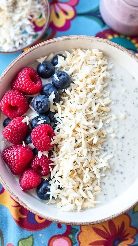 A bowl of creamy coconut chia pudding topped with raspberries, blueberries, and shredded coconut on a colorful floral tablecloth.