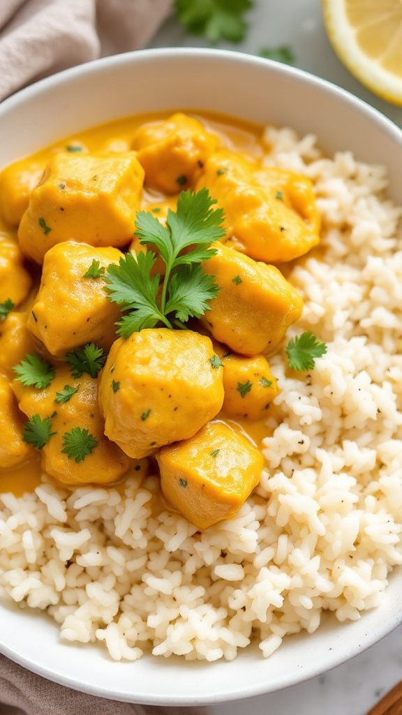 A bowl of creamy coconut curry chicken with fluffy white rice, garnished with cilantro and a slice of lemon.