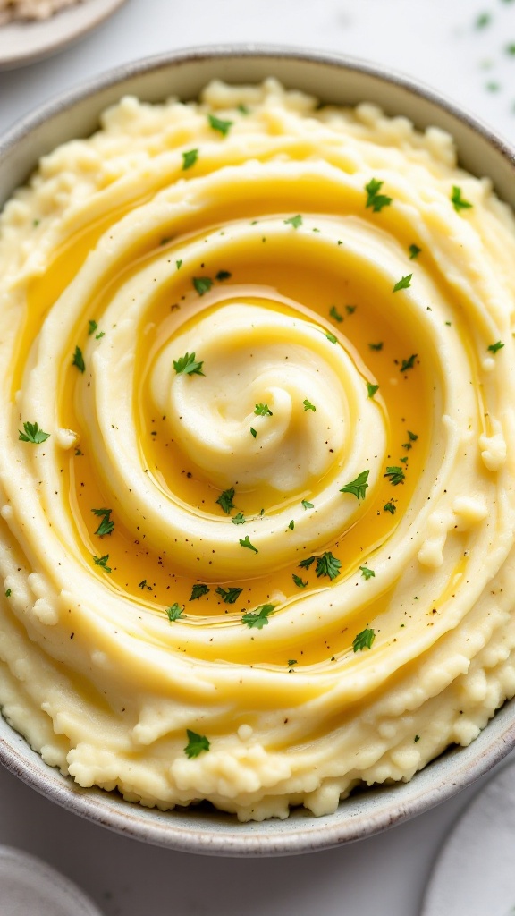 Creamy garlic mashed cauliflower topped with olive oil and parsley in a bowl.