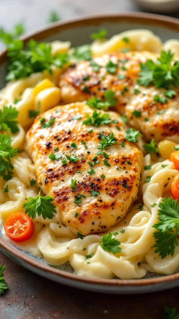 Plate of creamy garlic parmesan chicken served with noodles and garnished with parsley and cherry tomatoes