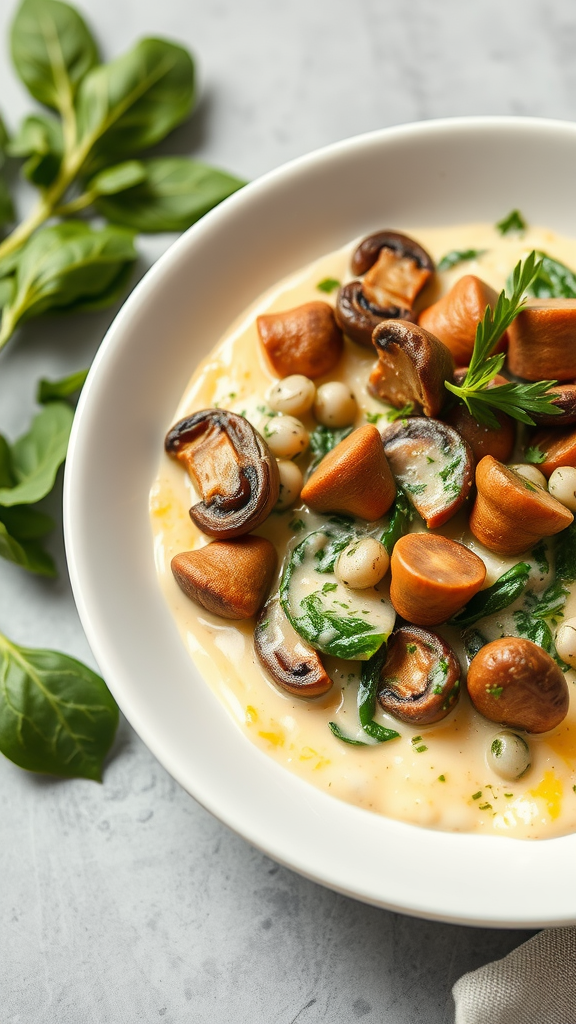 A bowl of creamy mushroom and spinach scramble with sautéed mushrooms and fresh spinach