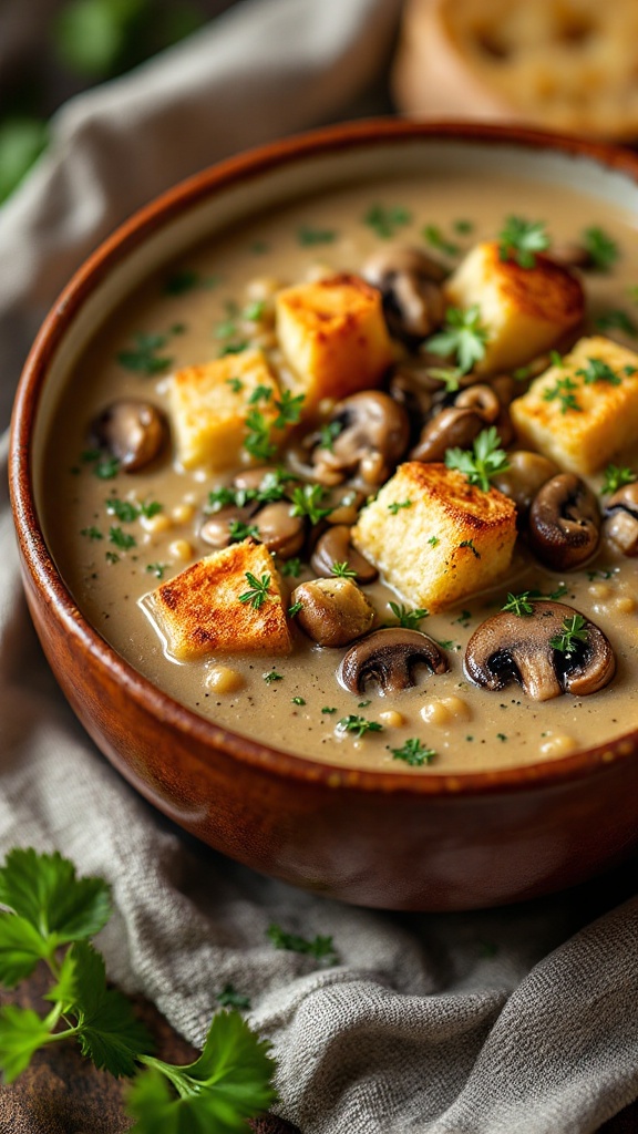 A bowl of creamy mushroom soup with croutons and parsley on top.