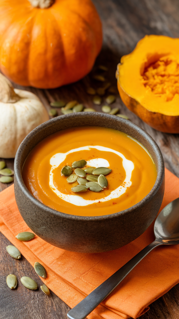 Bowl of creamy pumpkin soup topped with cream and pumpkin seeds, surrounded by pumpkins and seeds.