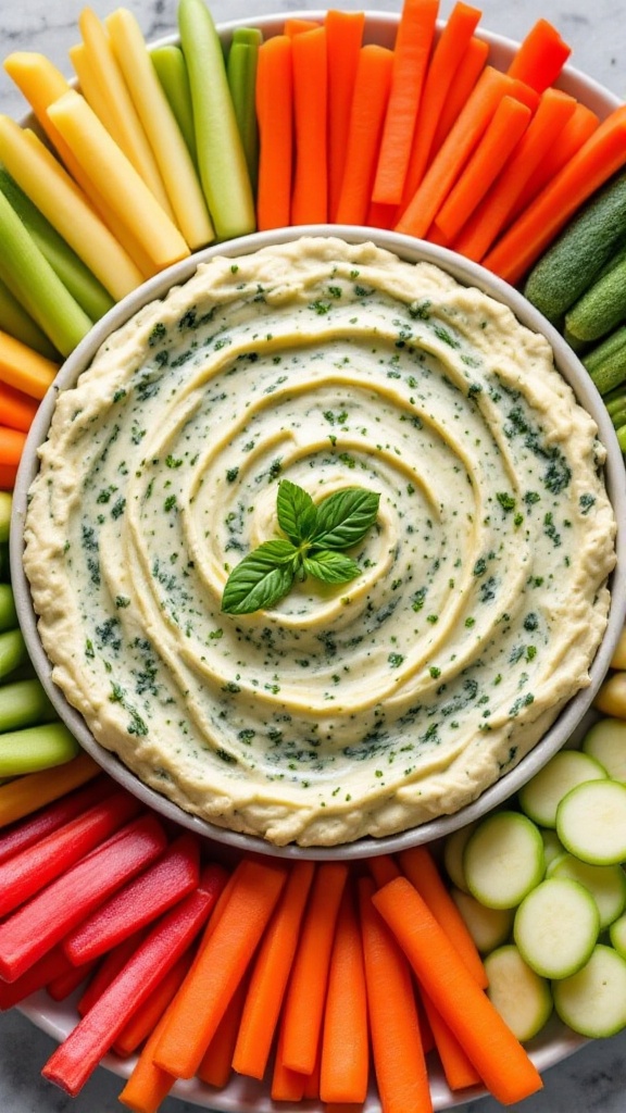 A bowl of creamy spinach and artichoke dip surrounded by colorful vegetable sticks.