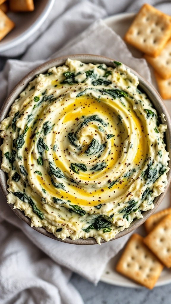 A bowl of creamy spinach and artichoke dip with a swirl of olive oil on top, surrounded by crispy crackers.