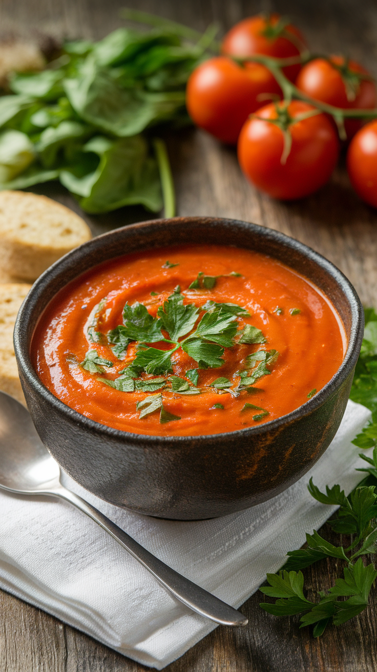 A bowl of creamy tomato soup garnished with parsley, with fresh tomatoes and spinach in the background.