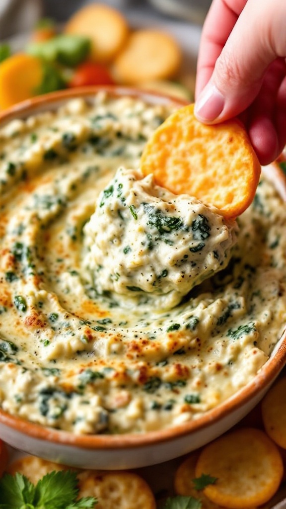 A bowl of creamy spinach artichoke dip with a hand dipping a cracker into it.