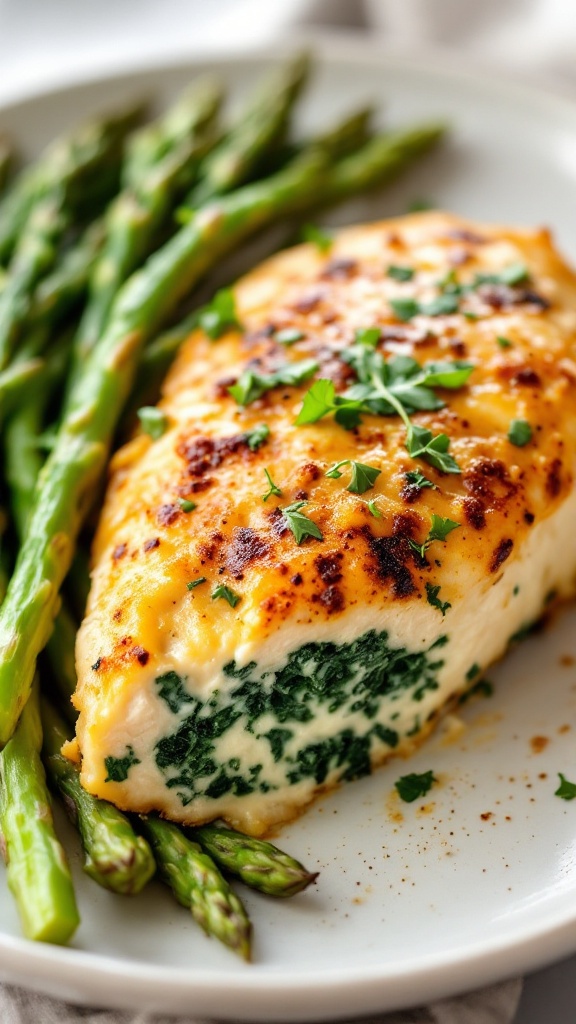 A plate of creamy spinach stuffed chicken served with roasted asparagus.