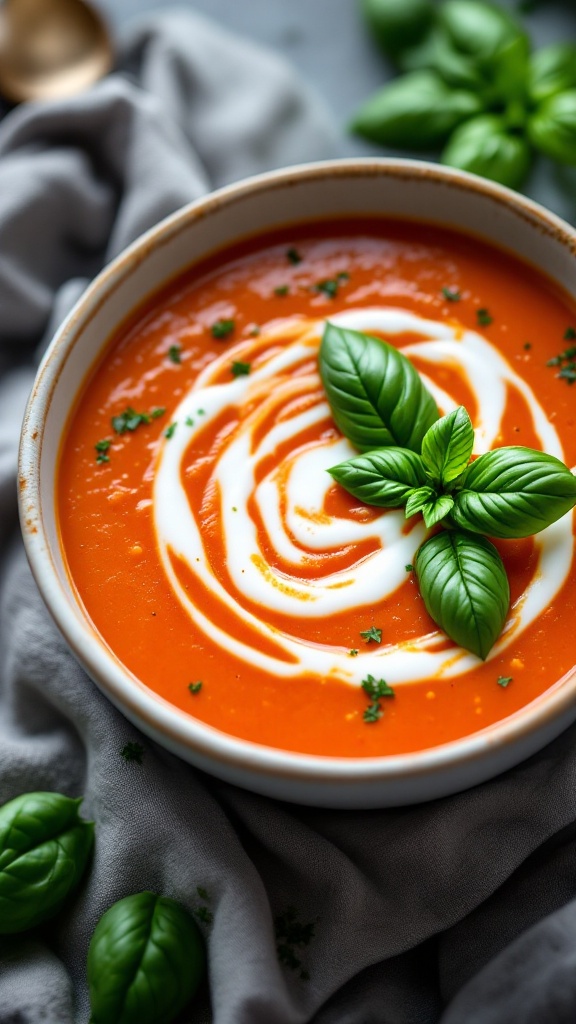 A bowl of creamy tomato basil soup garnished with basil leaves and a swirl of cream.