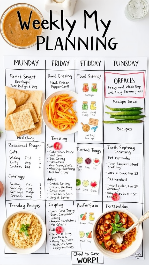 A detailed weekly meal plan with various dishes and snacks.