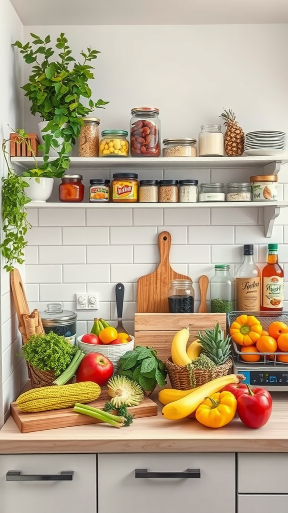 A well-organized kitchen countertop filled with fresh fruits, vegetables, and jars.