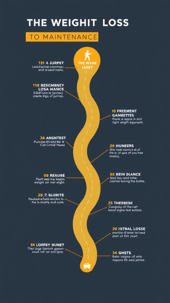 Illustration of a path from weight loss to maintenance with various milestones.