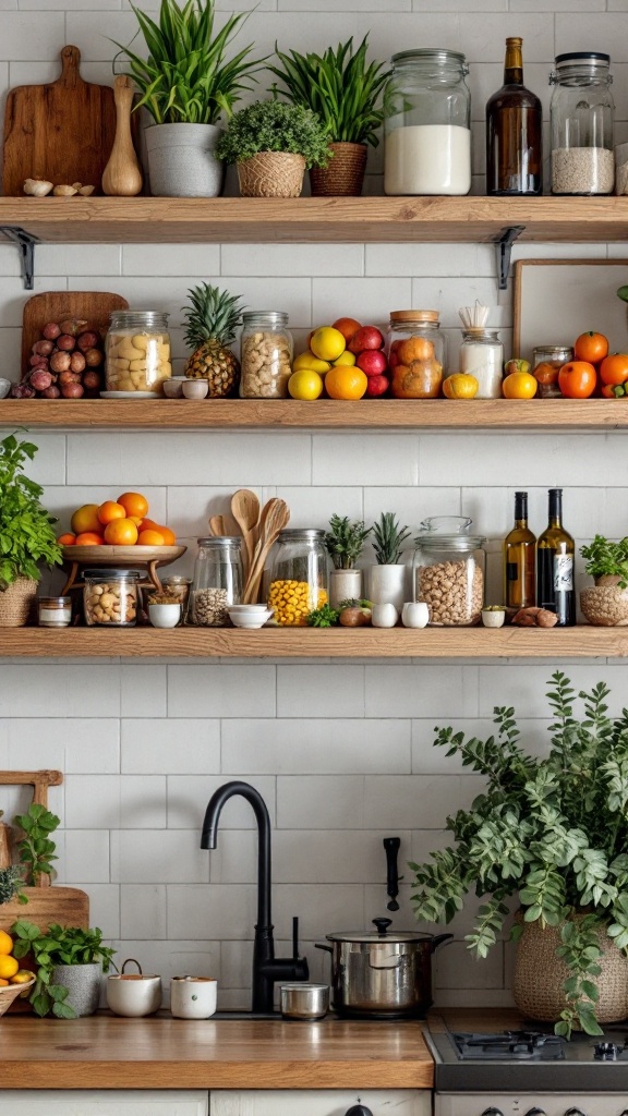 A colorful kitchen filled with fresh fruits, jars of ingredients, and a sign promoting fitness.