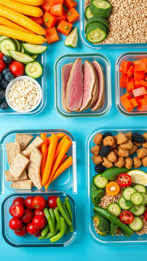 Colorful array of fresh vegetables, fruits, and lean proteins organized in containers for meal prep.