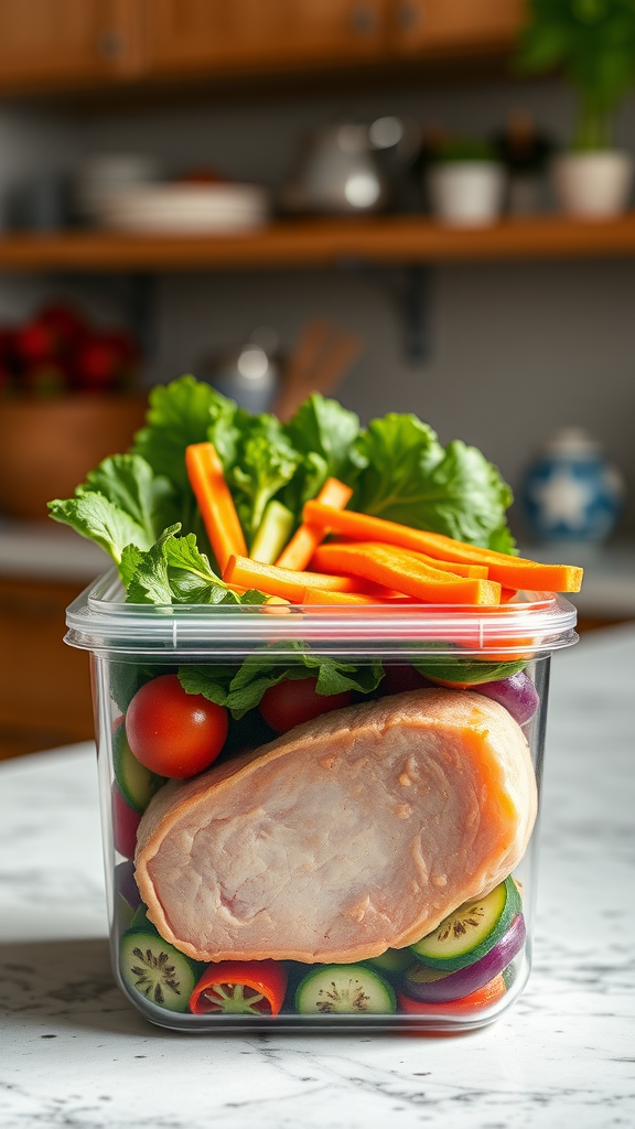 Colorful meal prep container with vegetables and protein for healthy eating