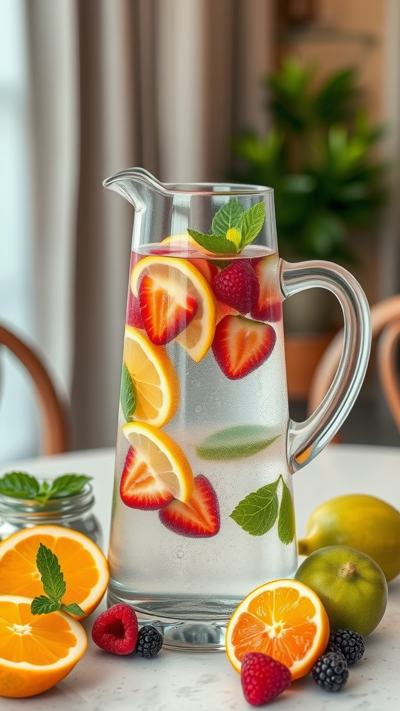 A pitcher filled with water, lemon slices, strawberries, and mint leaves, surrounded by fresh fruits.