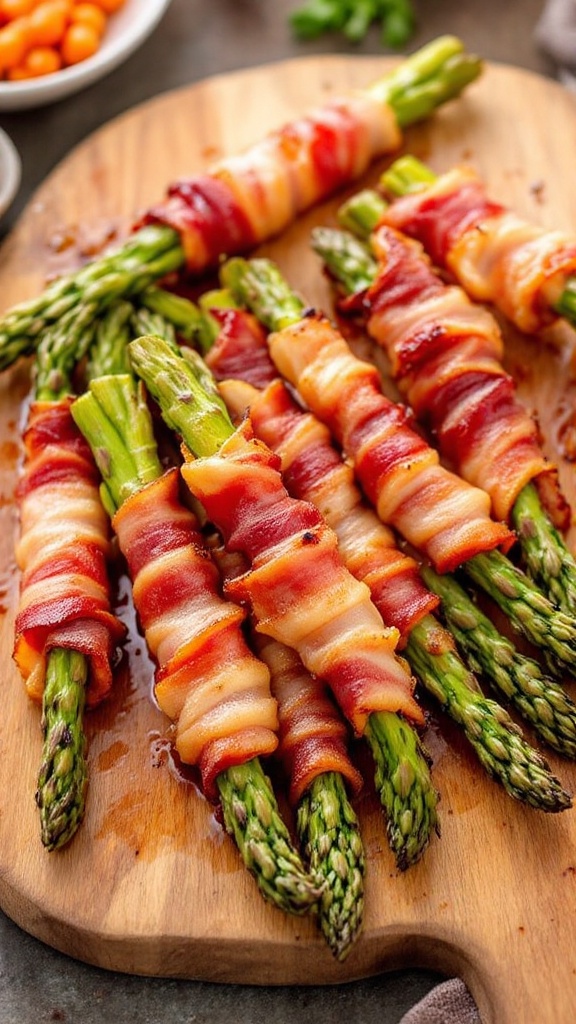 A wooden board with crispy bacon-wrapped asparagus spears, ready to be served.