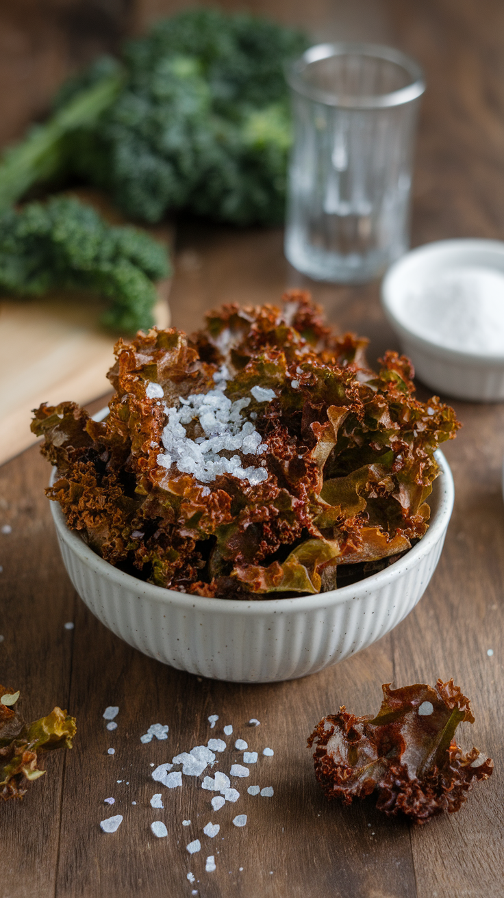 A bowl of crispy baked kale chips with a sprinkle of sea salt.