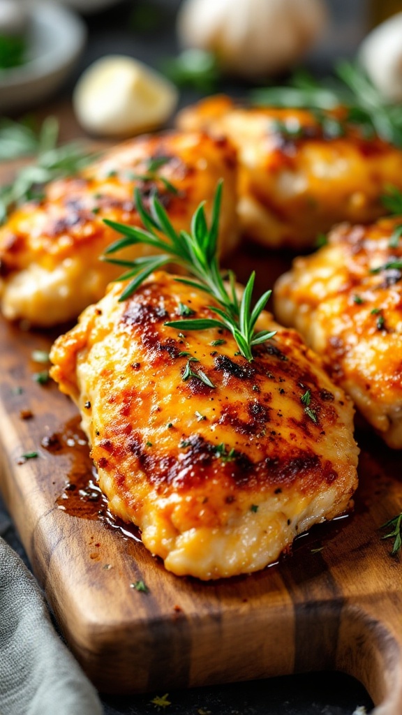 Crispy chicken thighs garnished with rosemary on a wooden cutting board