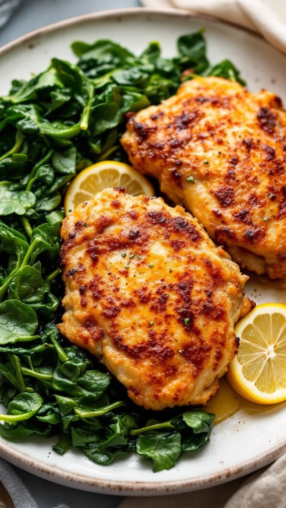 Crispy chicken thighs served on a plate with fresh spinach and lemon slices.