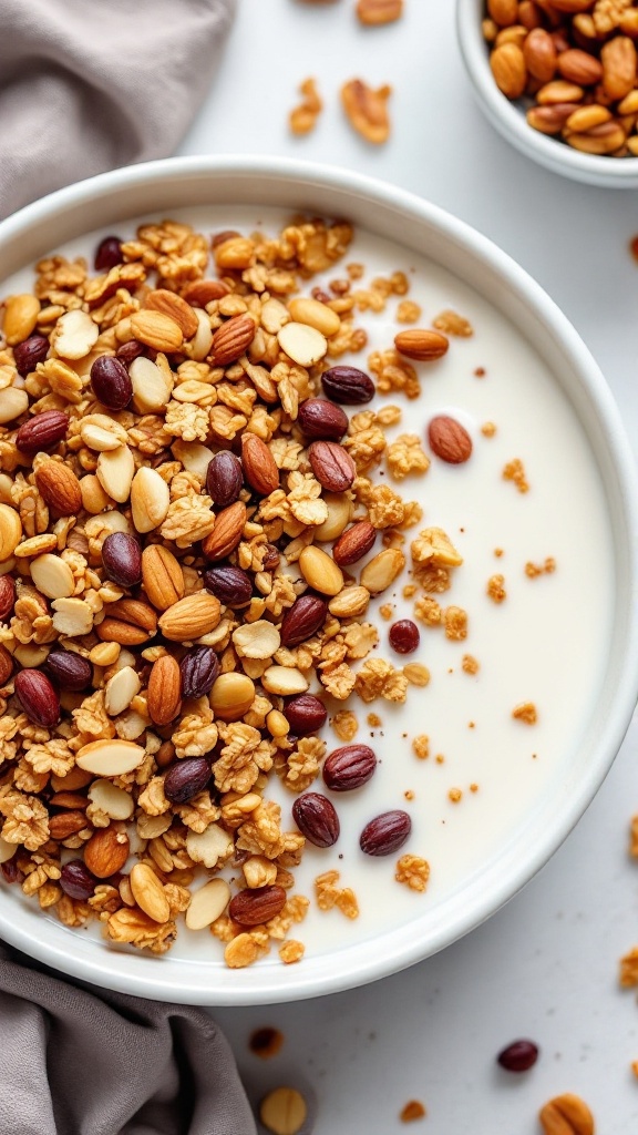 A bowl of crispy keto granola topped with mixed nuts, sitting in milk.