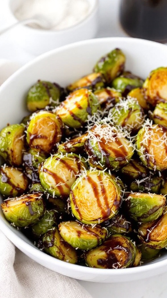 A bowl of crispy Parmesan Brussels sprouts garnished with cheese and drizzled with balsamic glaze.