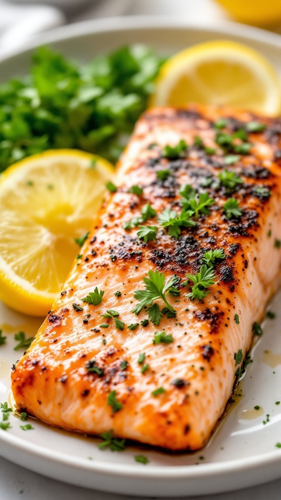 A delicious plate of crispy skin salmon topped with herbs and served with lemon slices.