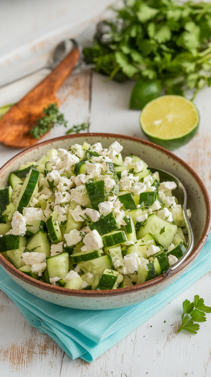 A bowl of cucumber and feta salad with chopped cucumbers, crumbled feta cheese, and lime.