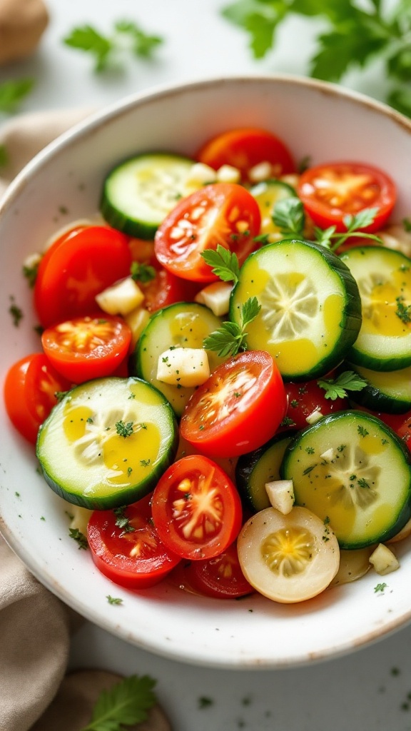 A bowl of fresh cucumber and tomato salad with herbs