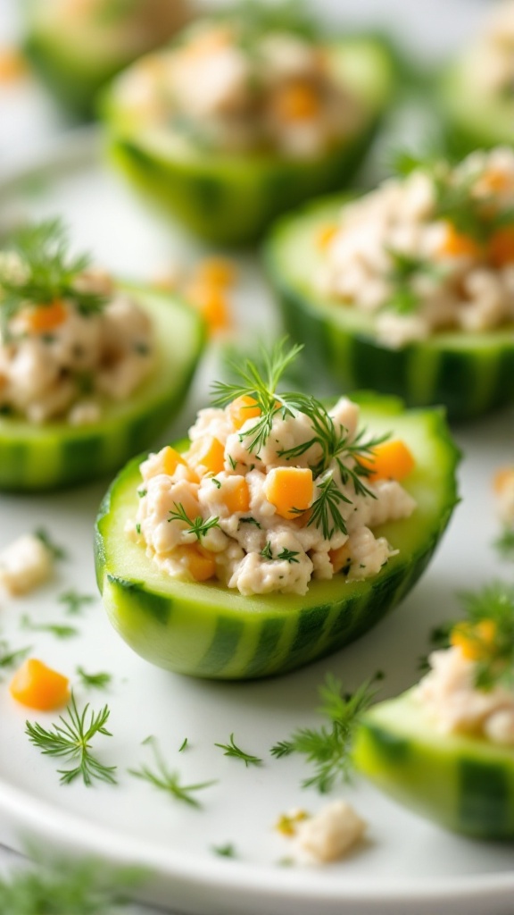 Cucumber boats stuffed with tuna salad, garnished with fresh dill on a white plate.