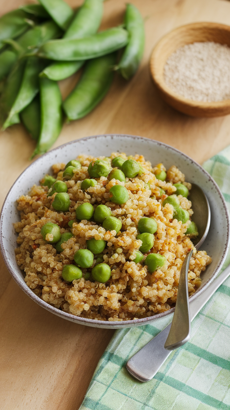 A bowl of curried quinoa with green peas and sesame seeds next to fresh pea pods.