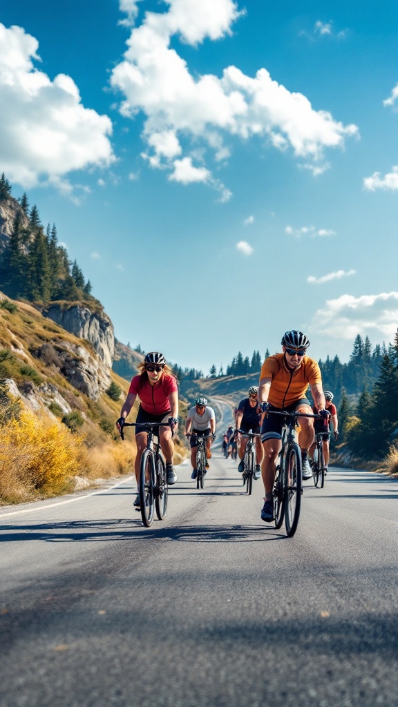 A group of cyclists riding on a scenic road surrounded by hills and greenery.