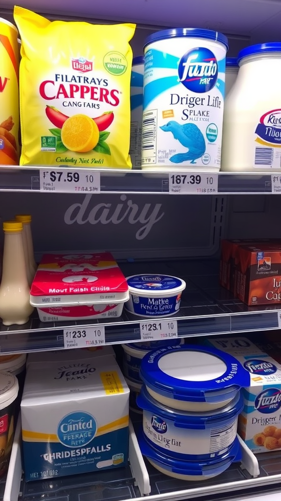 A selection of dairy products on a store shelf, including yogurt, cream, and flavored items.