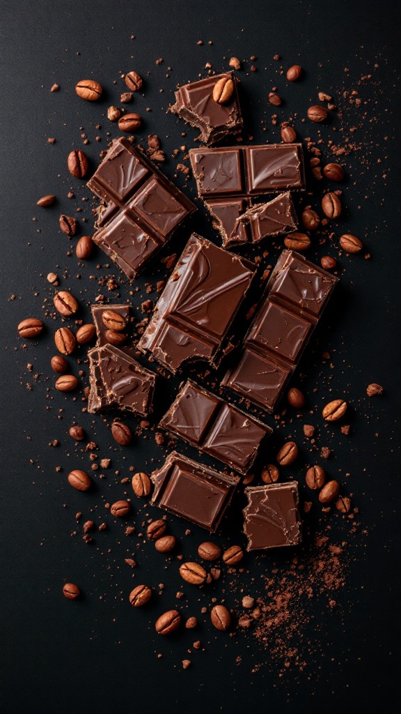 Chunks of dark chocolate and coffee beans on a dark surface.