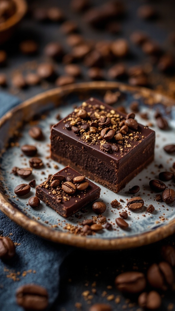 Delicious dark chocolate treats with coffee beans on a plate