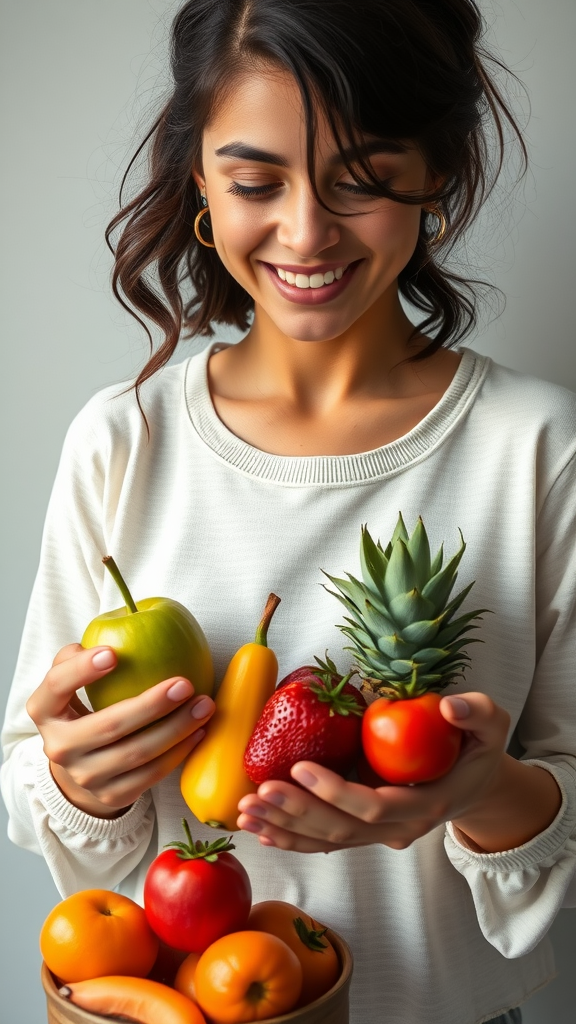 A smiling woman holding assorted fresh fruits and vegetables, showcasing healthy food choices.