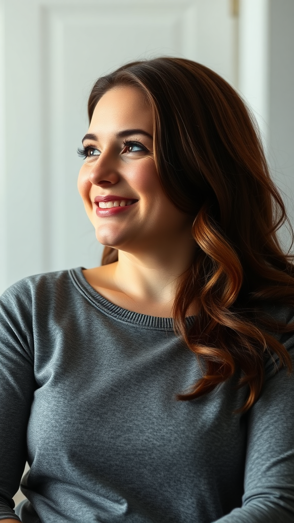 A smiling woman with long hair, looking thoughtfully while sitting indoors