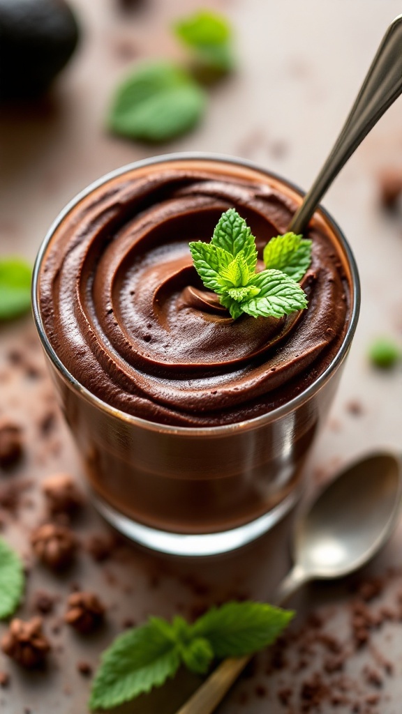 A glass of chocolate avocado mousse garnished with mint leaves.