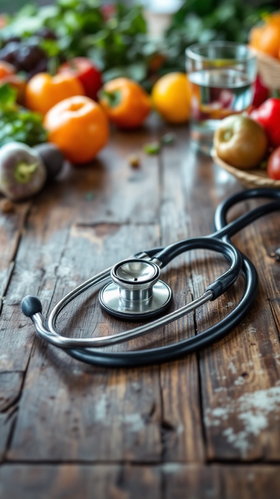 Stethoscope on a wooden table surrounded by fresh fruits and vegetables