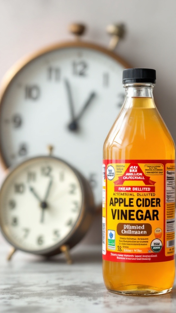 A glass of apple cider vinegar beside an alarm clock