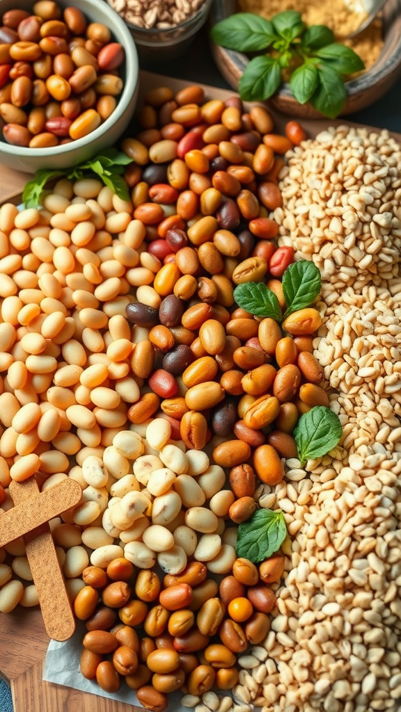 An assortment of colorful nuts and seeds spread out on a wooden platter.