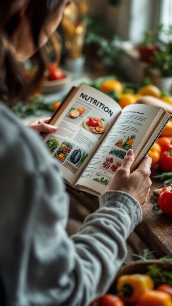 A person reading a nutrition book surrounded by fresh vegetables and fruits.