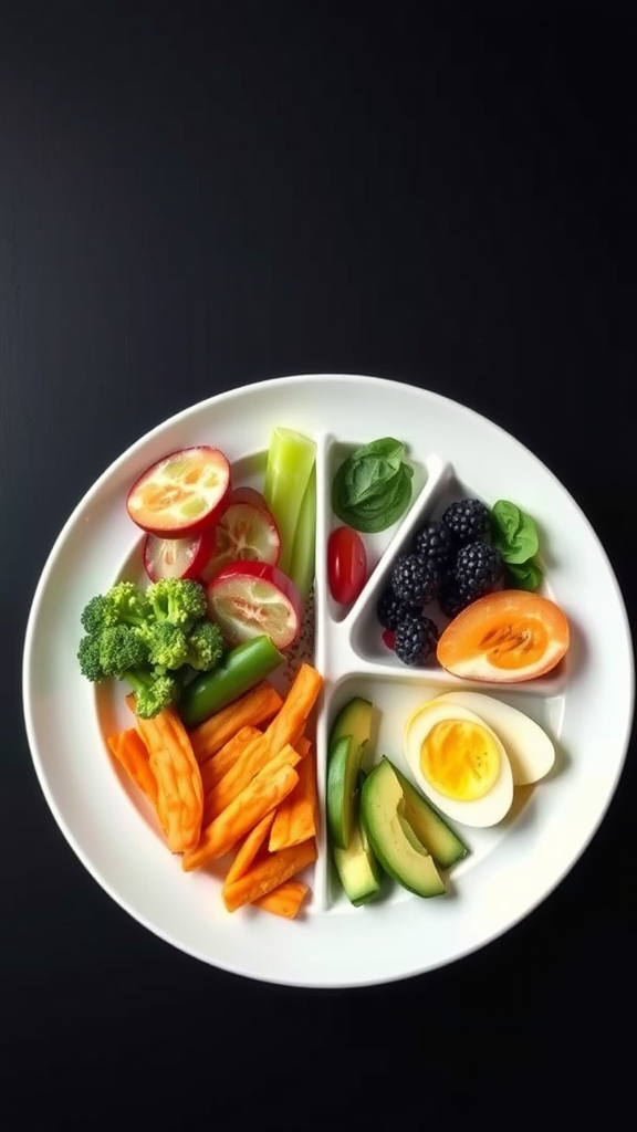 A divided plate filled with colorful vegetables, fruits, and eggs for portion control