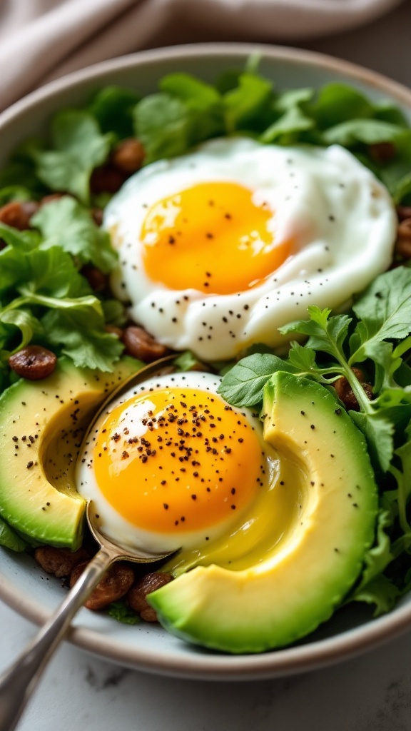 A colorful breakfast bowl with poached eggs, avocado slices, and greens.