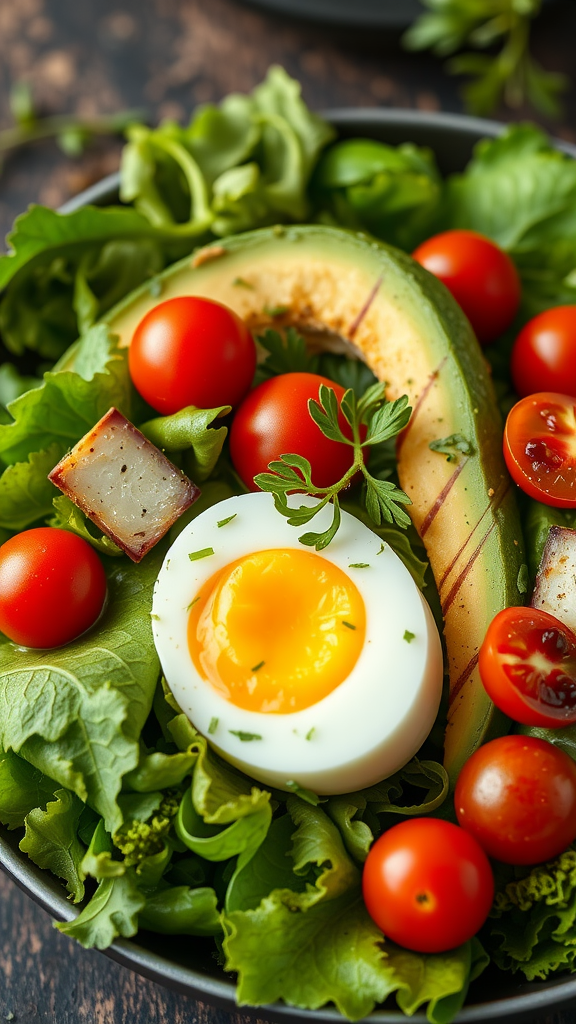 A fresh and colorful egg and avocado salad with greens, cherry tomatoes, and a boiled egg