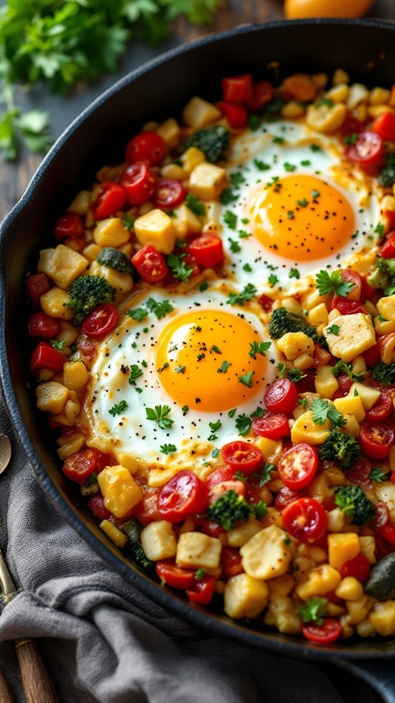 A vibrant egg and veggie scramble in a skillet, featuring eggs, tomatoes, broccoli, and diced potatoes garnished with parsley.
