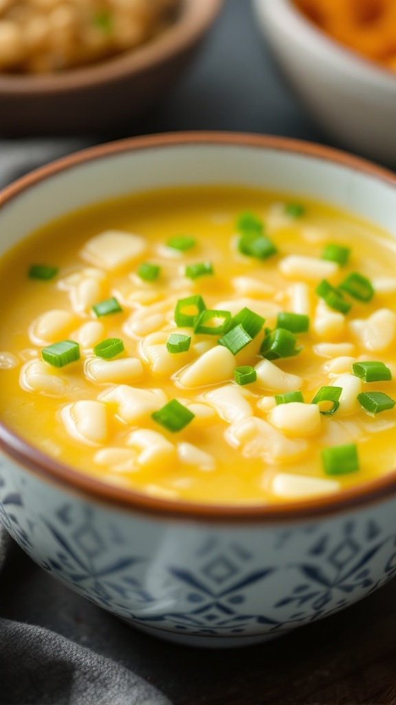 A bowl of egg drop soup with green onions on top