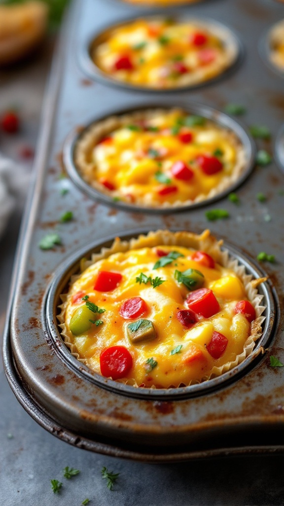 Baked egg muffins with cheese and veggies in a muffin tin