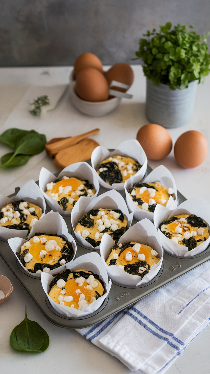 A tray of egg muffins with spinach and feta cheese, topped with egg yolks, on a kitchen counter.