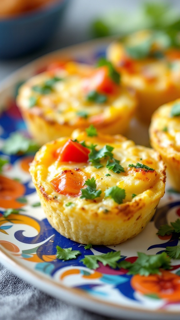 A close-up view of colorful egg muffins topped with cilantro on a decorative plate.